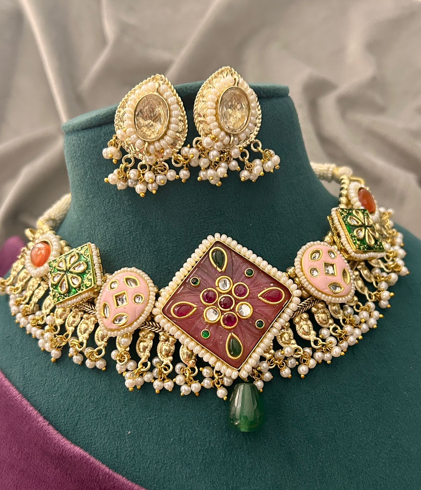 Multicolor Kundan Pearl Choker Necklace Set with Carved Centerpiece